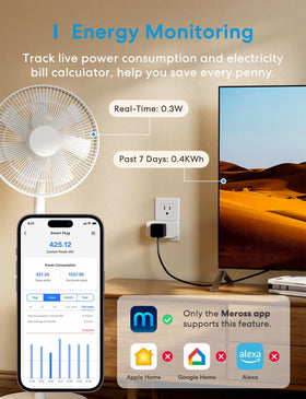 Meross Matter energy-monitor displays real-time power usage in app.