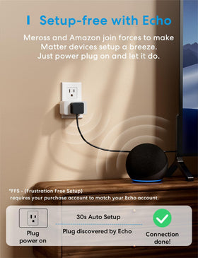 Meross Matter plug setup shown with Echo for quick pairing.