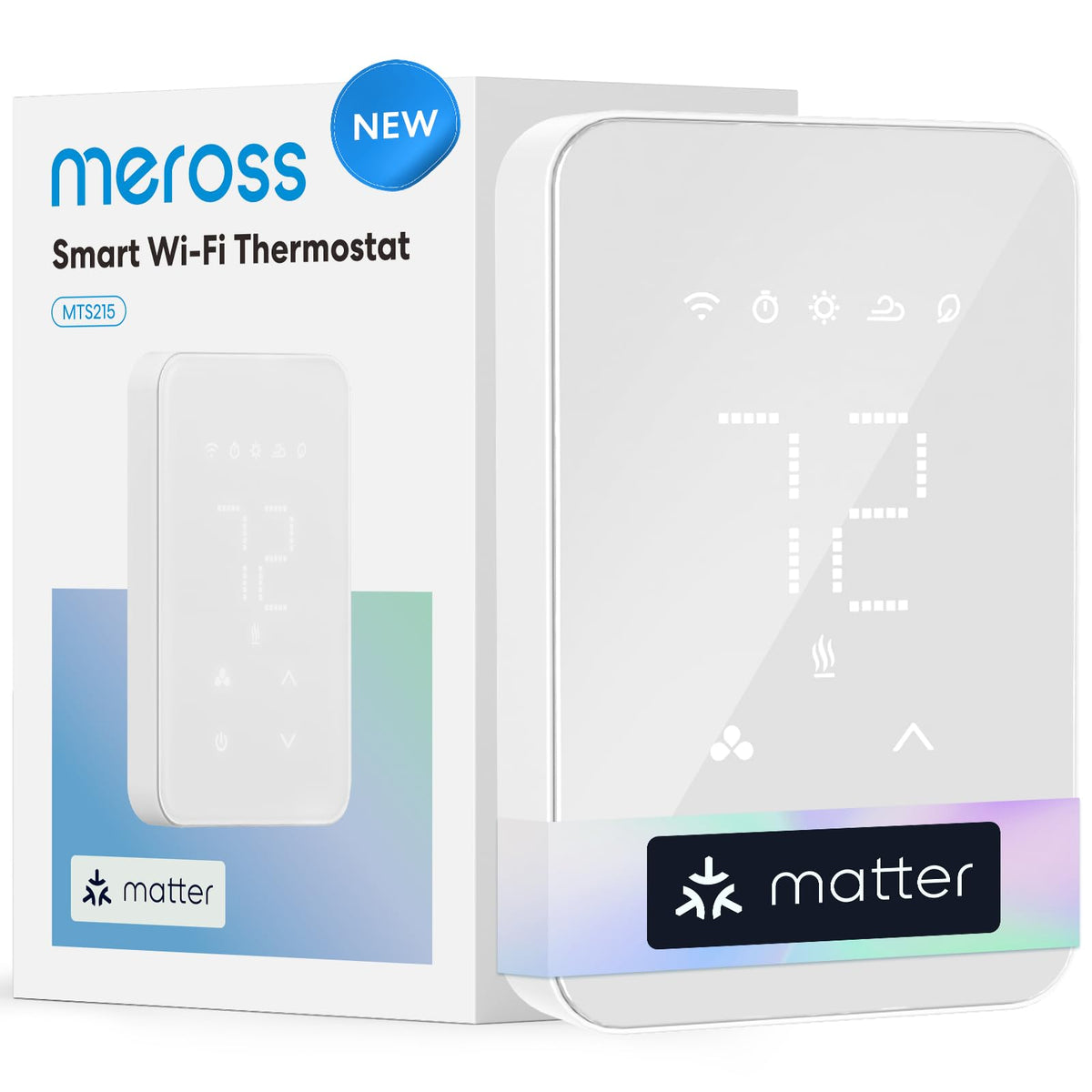 Meross Matter thermostat mounted on a baseboard heater, front view for easy installation.