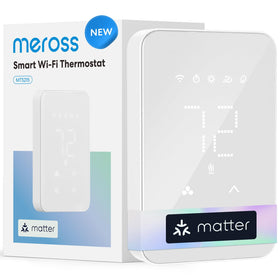 Meross Matter thermostat mounted on a baseboard heater, front view for easy installation.