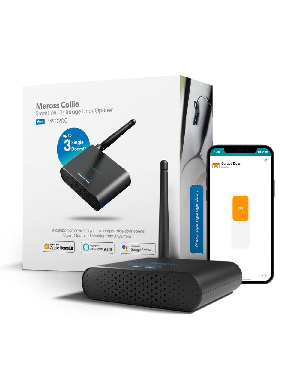 Meross smart garage door opener with external antenna improves signal reliability for seamless control.