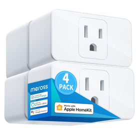 Meross Smart Plug Mini 4-pack shown in a row for space-saving outlet setup.