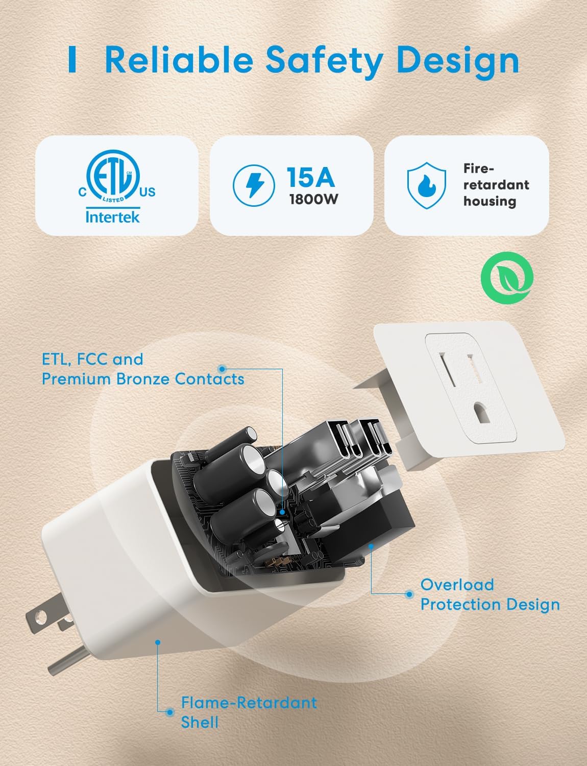Meross Smart Plug Mini compact design fits a single outlet with room for another plug.