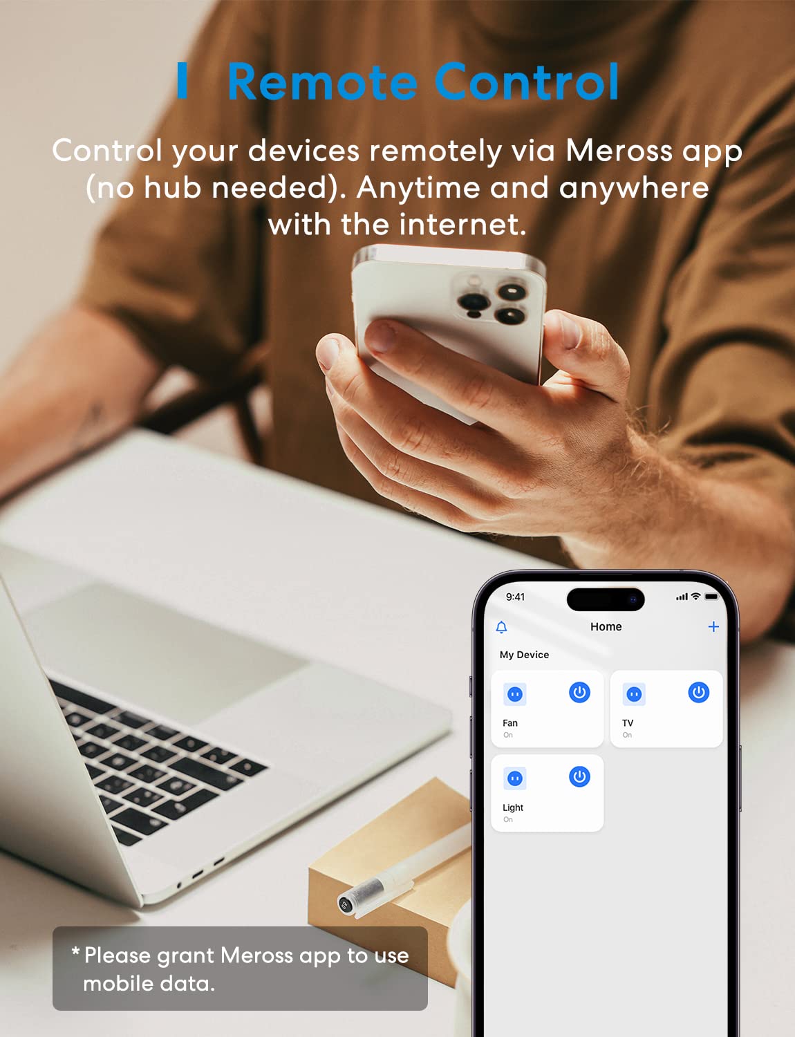 meross Smart Plug Mini remote access image shows control from anywhere via app.