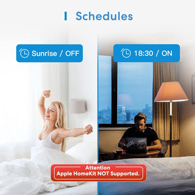 meross Smart Switch 4 Pack sunrise/sunset scheduling guides daylight-matched lighting.