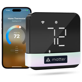 Meross smart thermostat with black glass panel for quick control in a modern living space