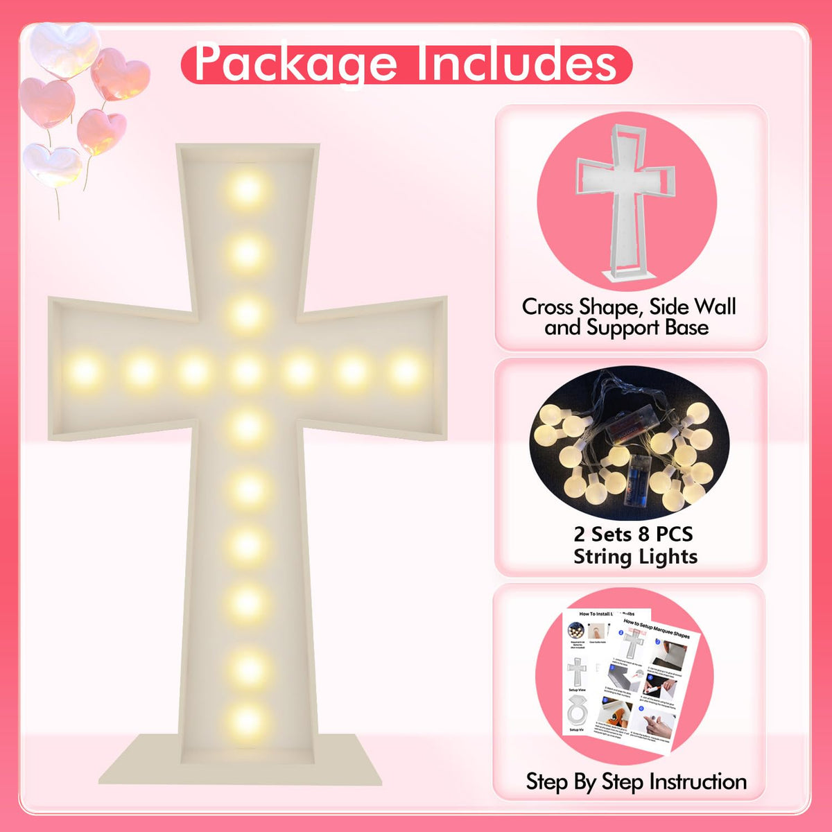 Merry Mosaics 3FT lighted cross marquee with lights on provides soft ambient glow.