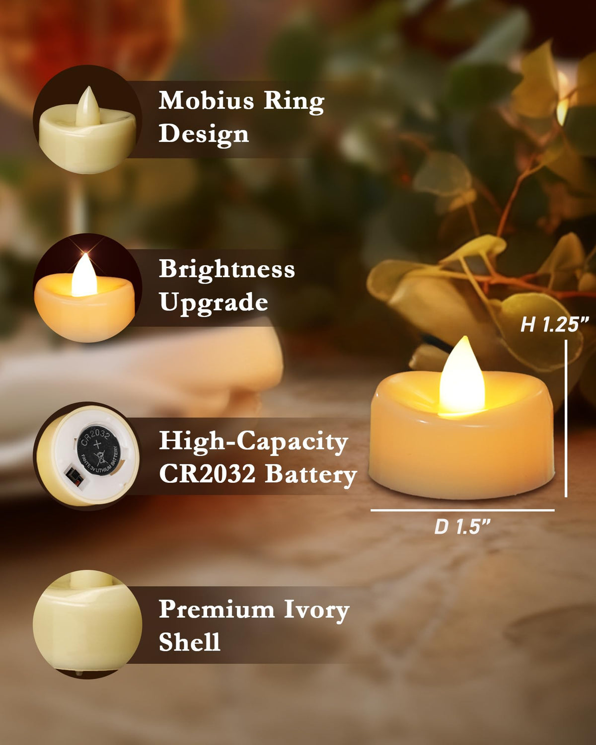 Merrynights LED tea light with warm white glow for romantic table lighting.