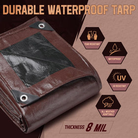 MERUYOO tarp side view shows waterproof, durable cover for cars and outdoor gear