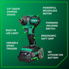 Metabo HPT 18V brushless motor battery with charge indicator.