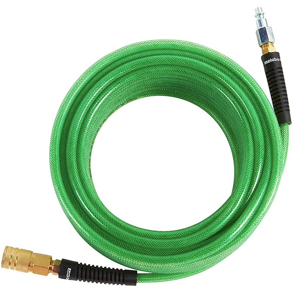 Metabo HPT air hose with 1/4-inch fittings for reliable tool connections.