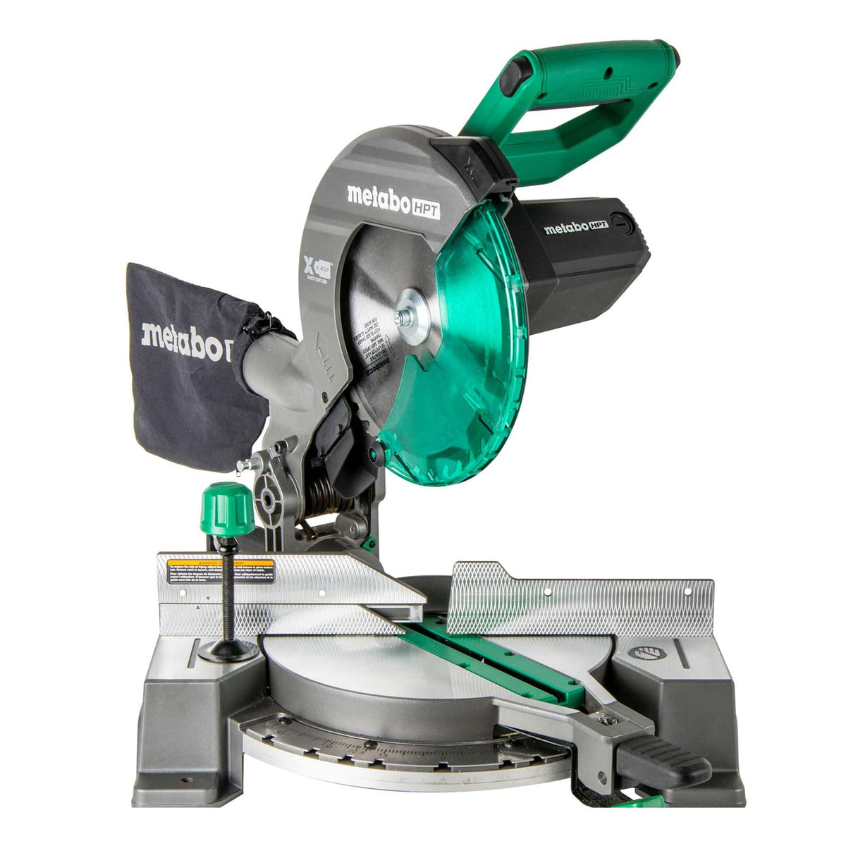 Metabo HPT 10-inch miter saw front view for easy transport and setup.