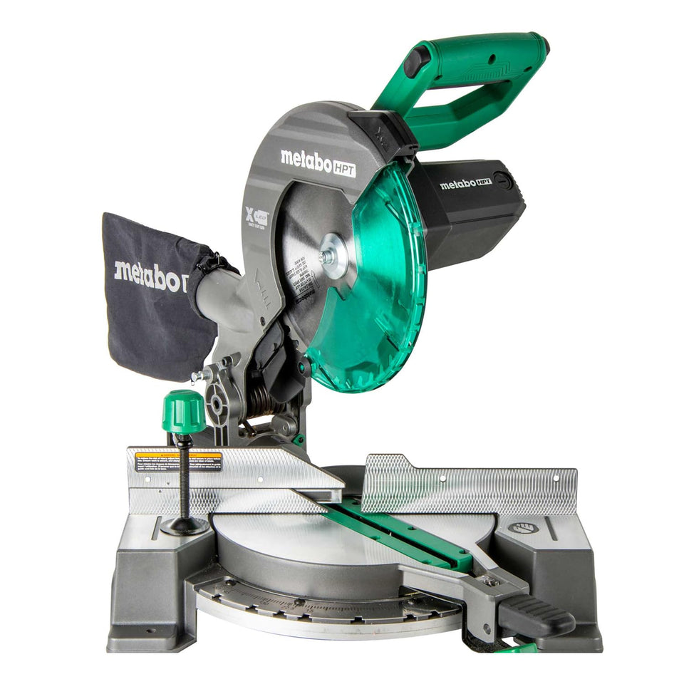 Metabo HPT 10-inch miter saw front view for easy transport and setup.