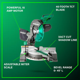 Left-right miter range on Metabo HPT saw enables versatile angle cuts.