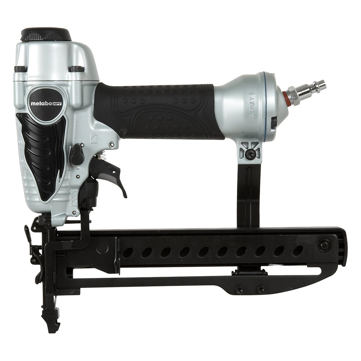 Metabo HPT N3804AB3 stapler side view for precise trim work.