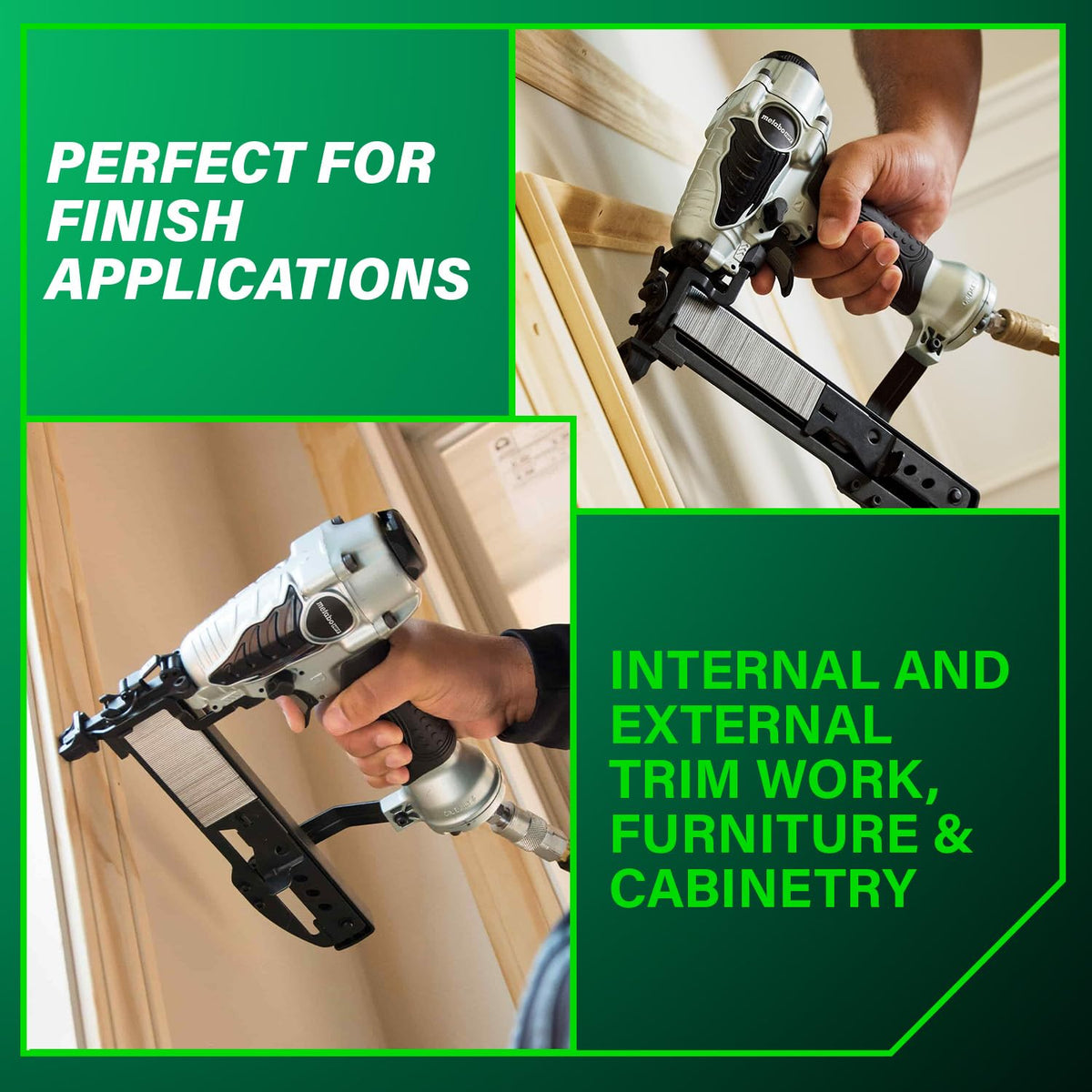 Metabo HPT N3804AB3 trigger-mode switch enables sequential or contact nailing.