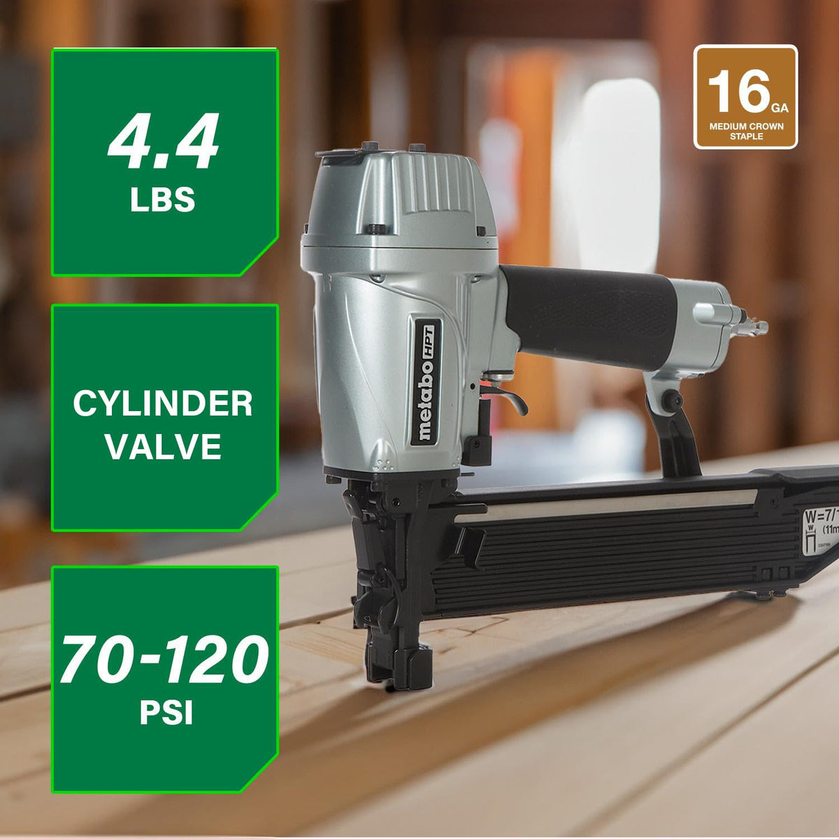 Metabo HPT N5008AC2 depth adjustment enables flush driving on varied materials.