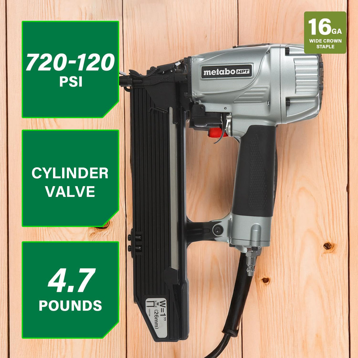 Metabo HPT N5024A2 wide crown stapler side profile demonstrates balanced, fatigue-friendly operation
