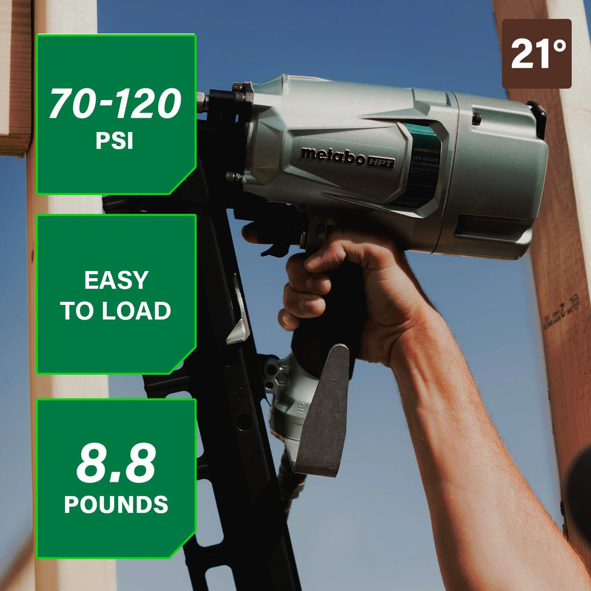 Metabo HPT NR83A5 framing nailer side view with comfortable grip