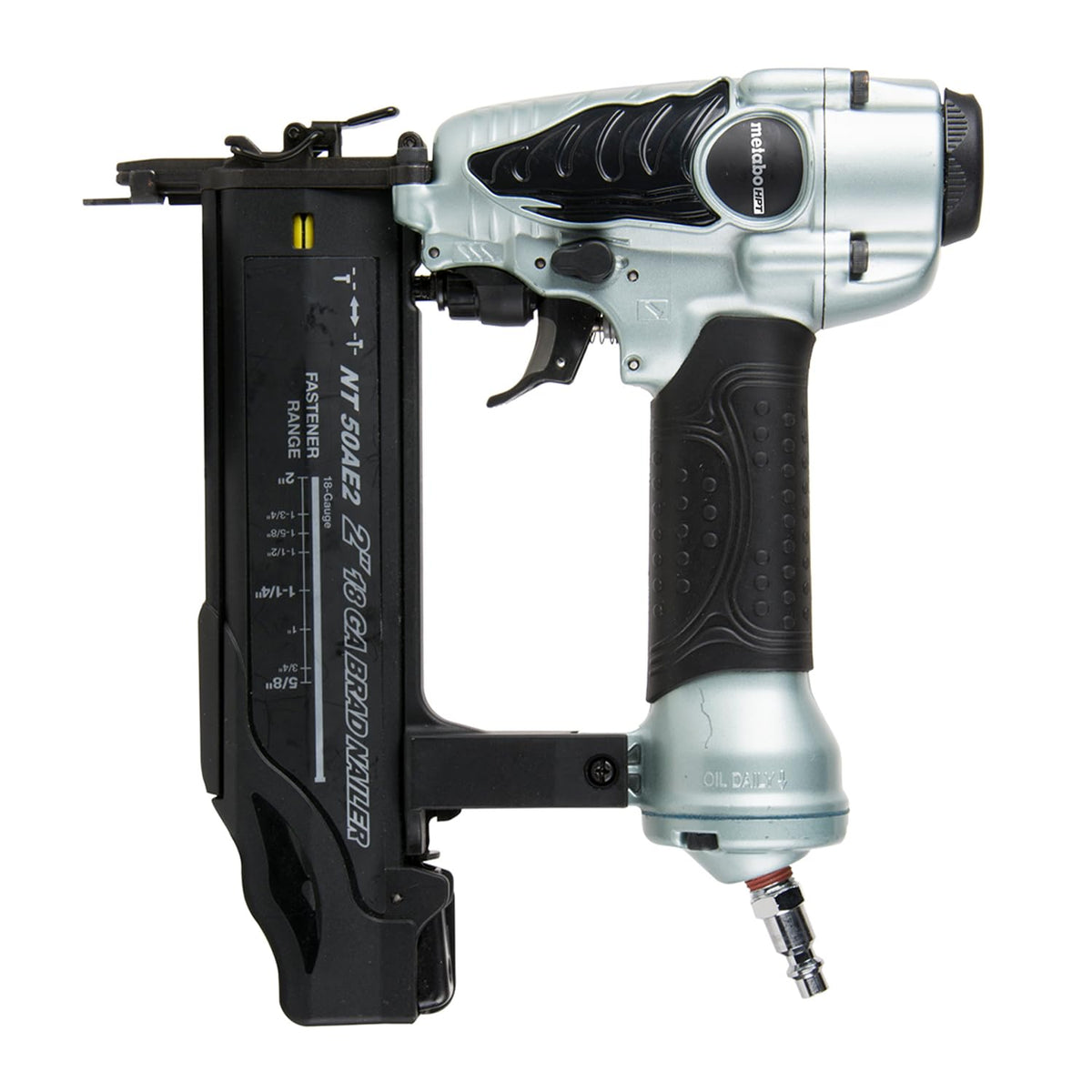 Metabo HPT NT50AE2 brad nailer front view for precise trim work