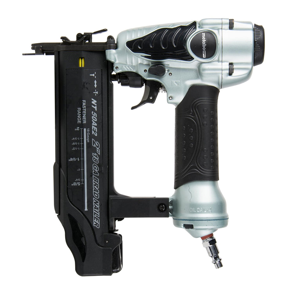 Metabo HPT NT50AE2 brad nailer front view for precise trim work
