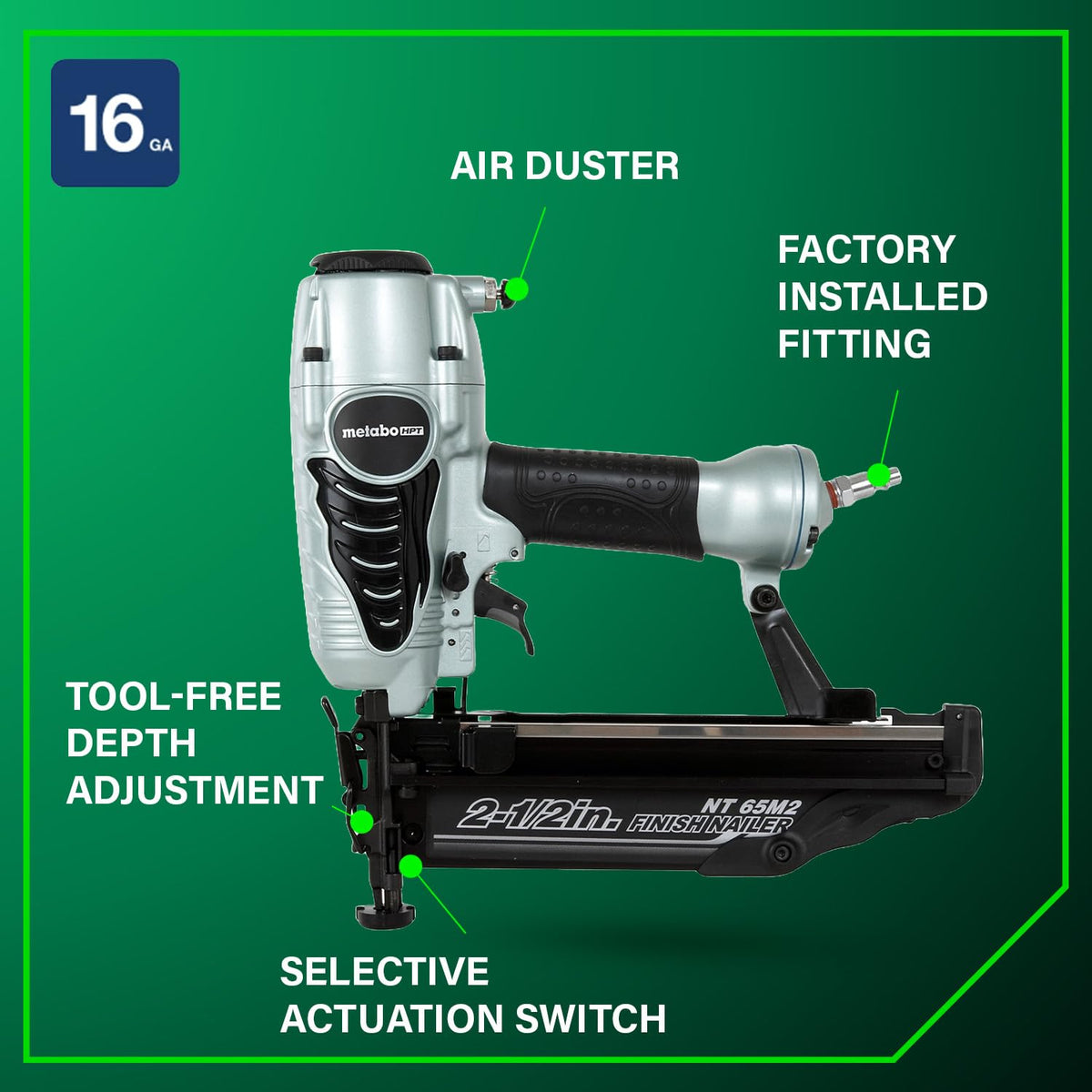 Metabo HPT NT65M2S tool-free depth adjustment for precise drive depth