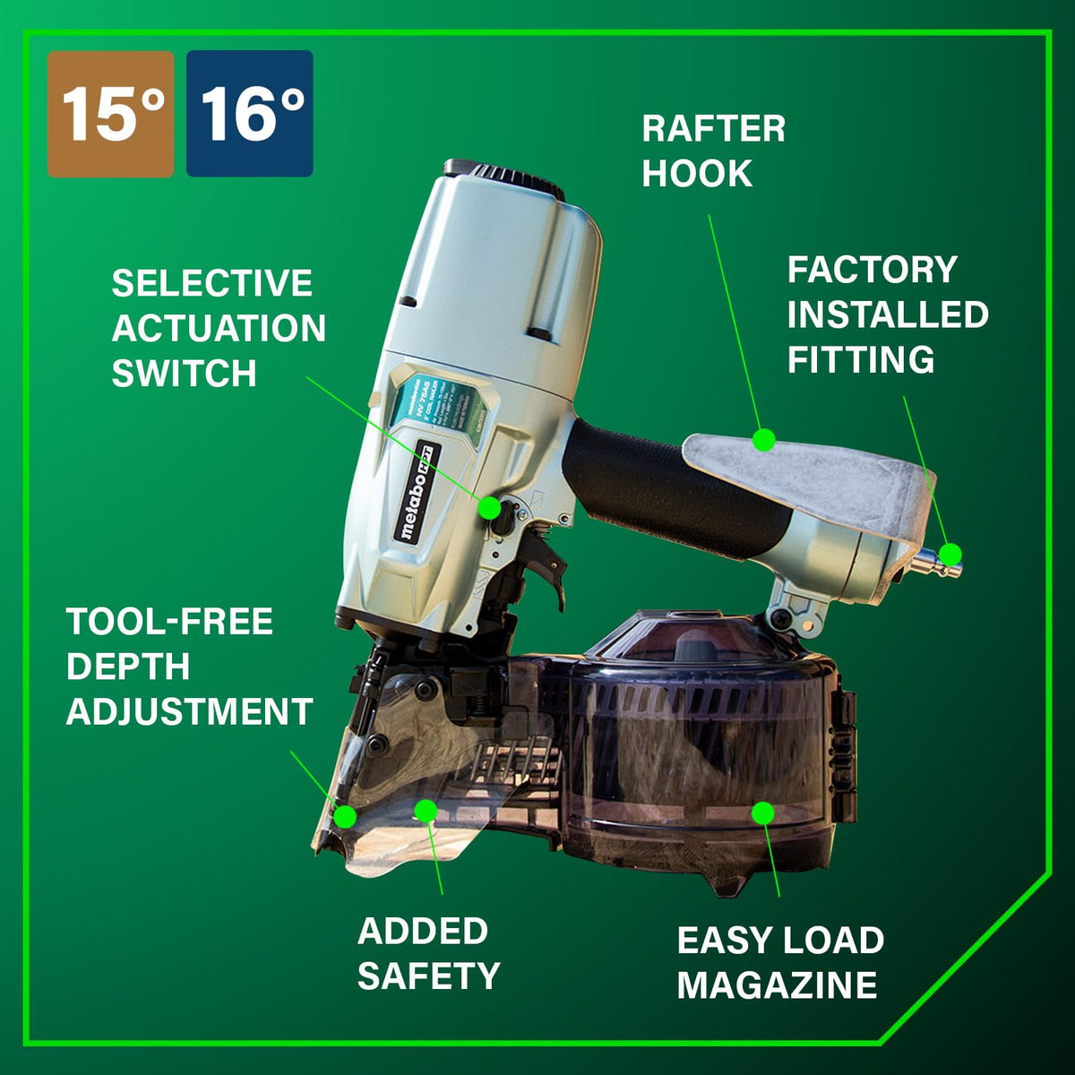 NV75A5 360-degree air deflector directs exhaust away from the work area