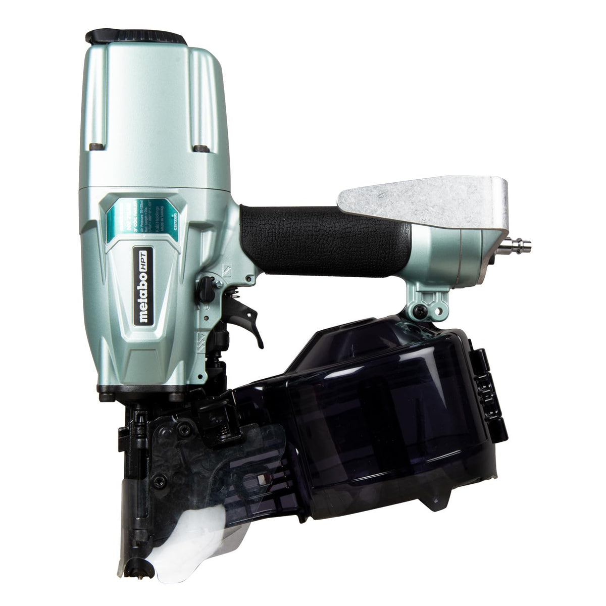 Metabo HPT NV75A5 side-load magazine enables quick reloads on siding jobs