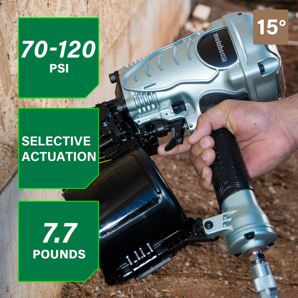 Metabo HPT NV90AG open nose design enables easy jam clearance during work.