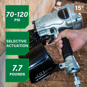 Metabo HPT NV90AG open nose design enables easy jam clearance during work.