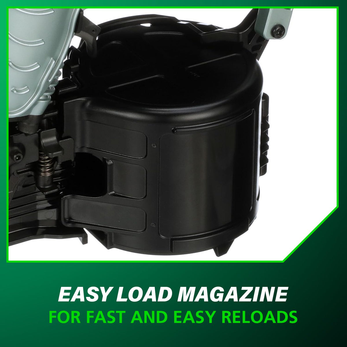 Metabo HPT NV90AG steel head plate provides enhanced durability on job sites.