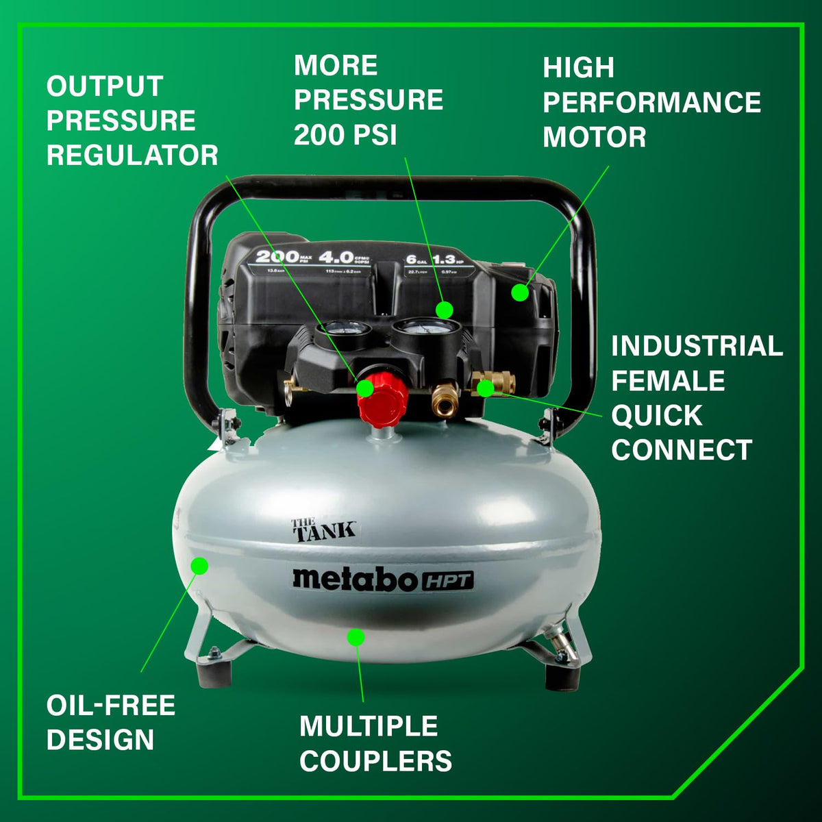 Metabo HPT THE TANK delivers 4 CFM at 90 PSI for multiple nailers.