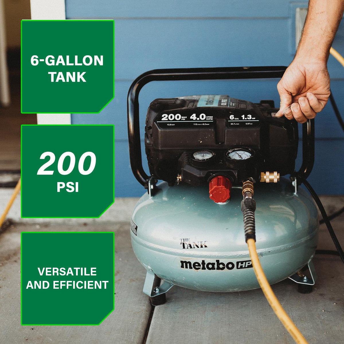 Metabo HPT THE TANK compact design with ergonomic handle for easy transport.
