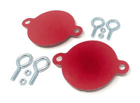 Metal Magery FDC caps with red finish protect hydrant swivels from debris.