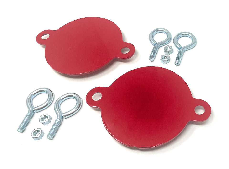 Metal Magery FDC caps with red finish protect hydrant swivels from debris.