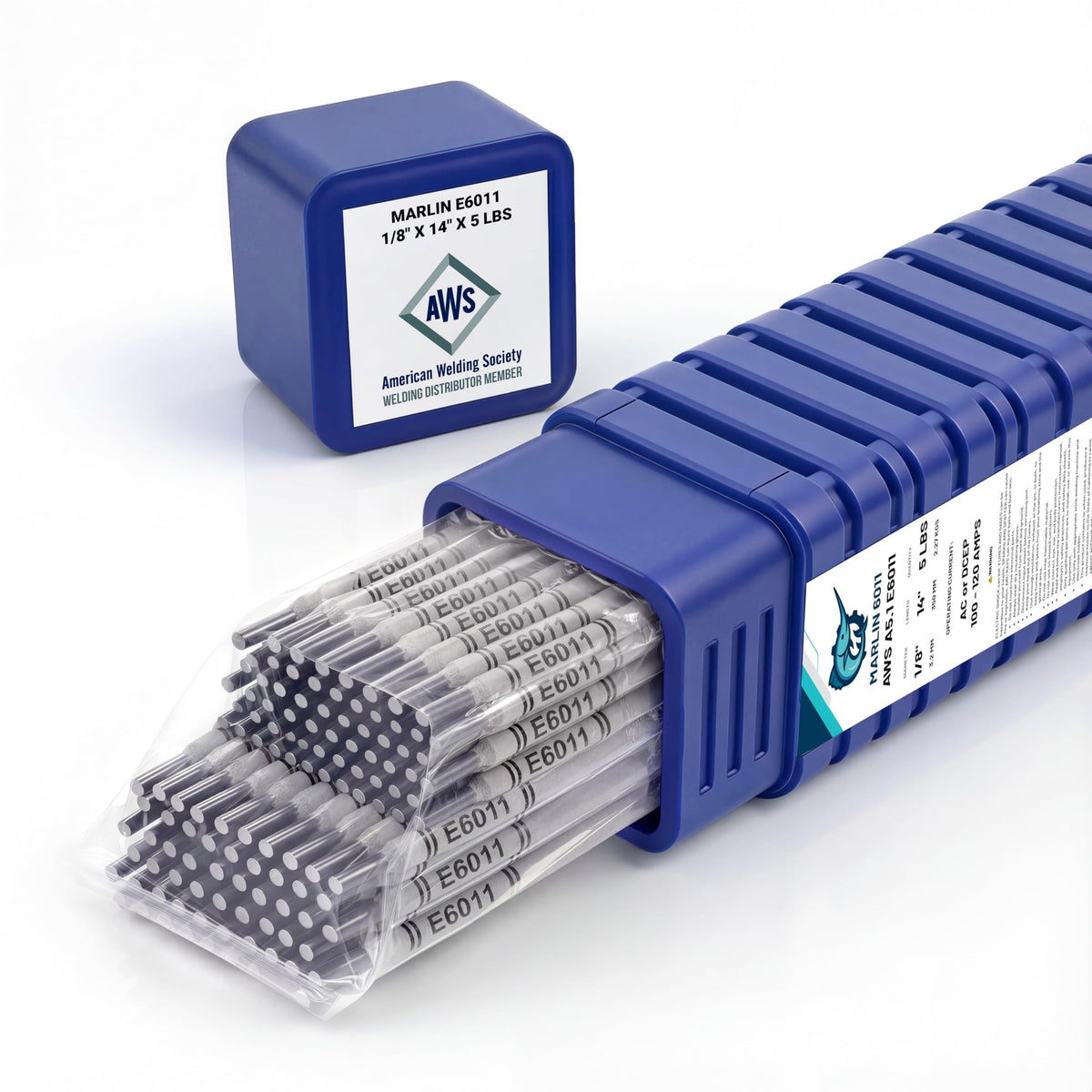 Metal Marlin E6011 rod 1/8 inch in 5 lb pack for deep-penetration welding on rusty metal.