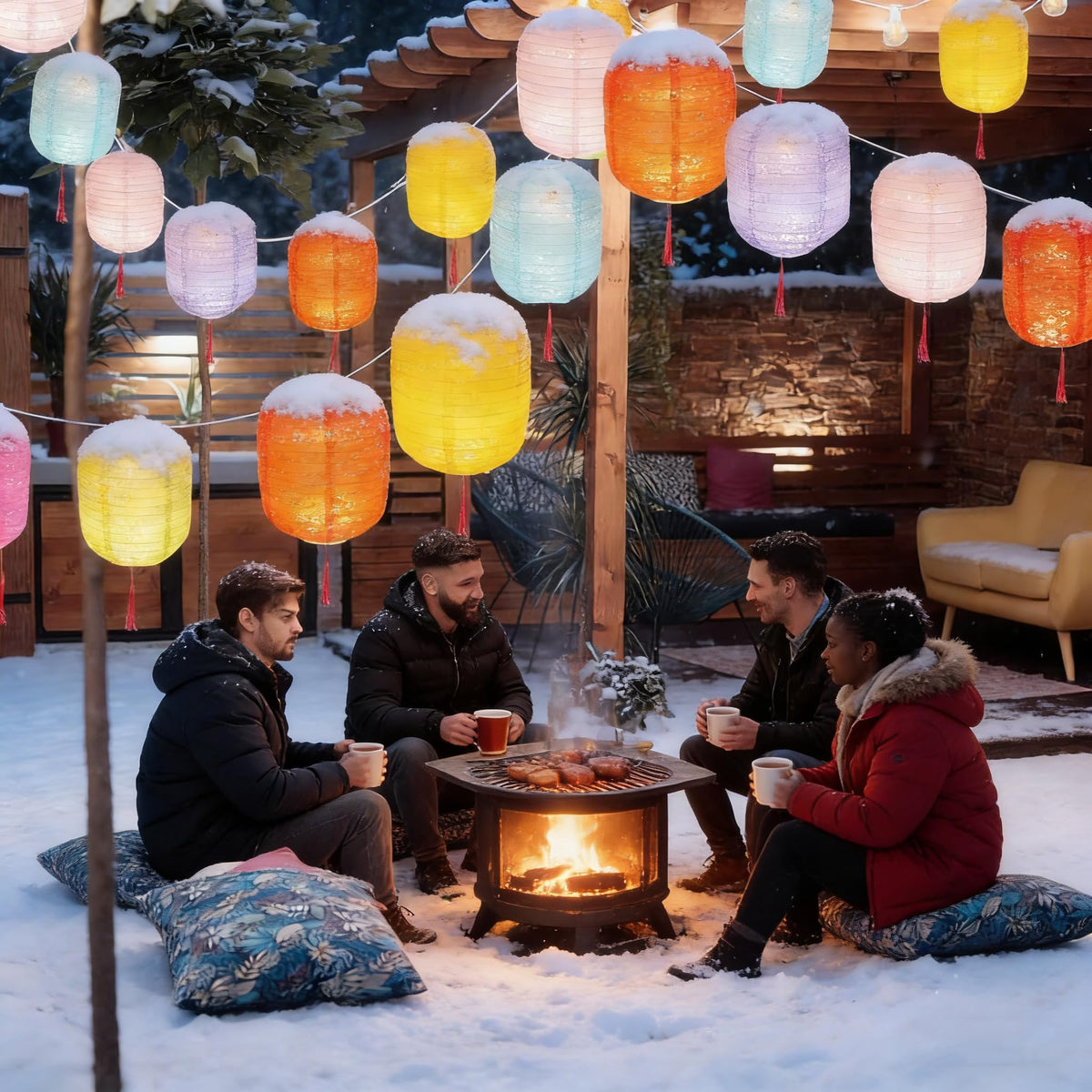 Metany blue lanterns create a cool mood for outdoor gatherings.