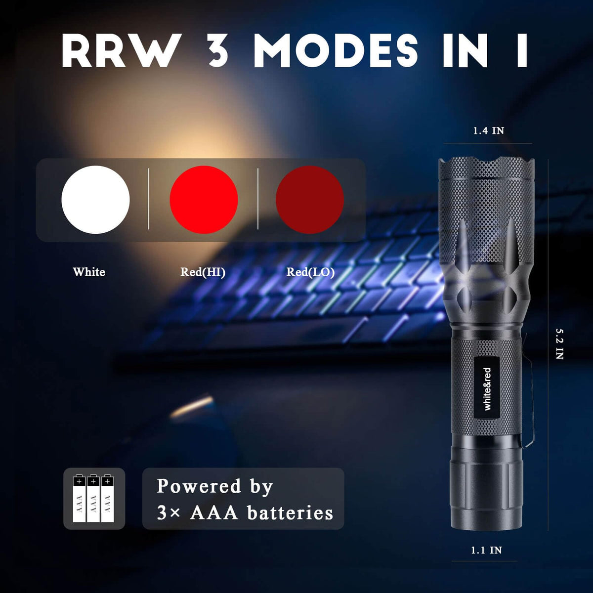 METII Upgraded Red Flashlight zoom view, adjust beam for precise coverage