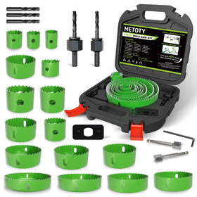 METOTY 25-piece hole saw set on a workbench showing comprehensive kit for precise cuts