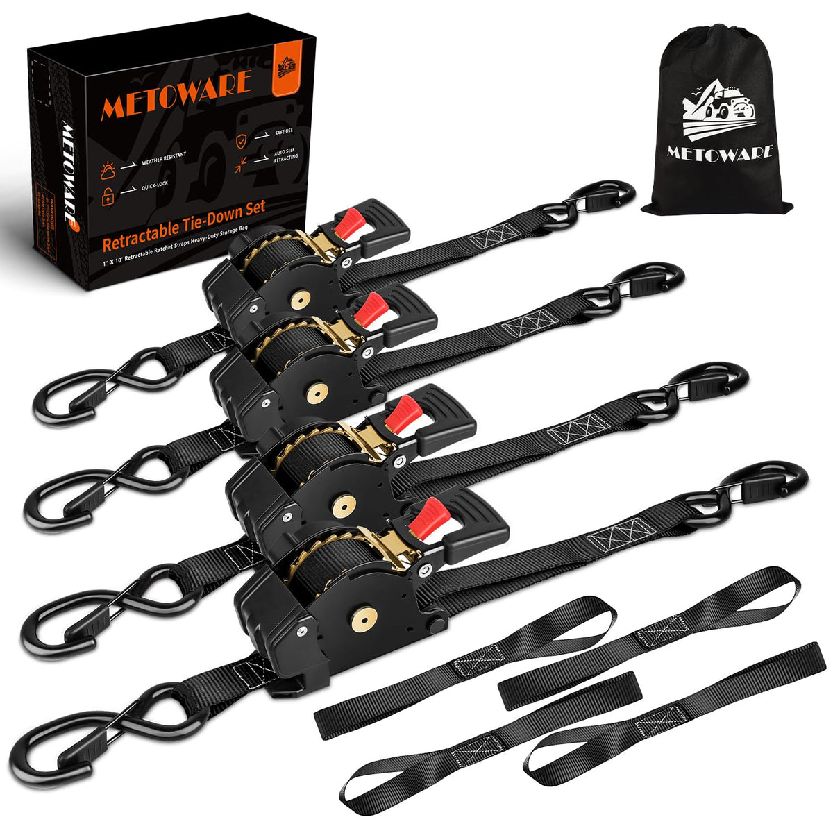 METOWARE retractable ratchet straps product shot for secure hauling