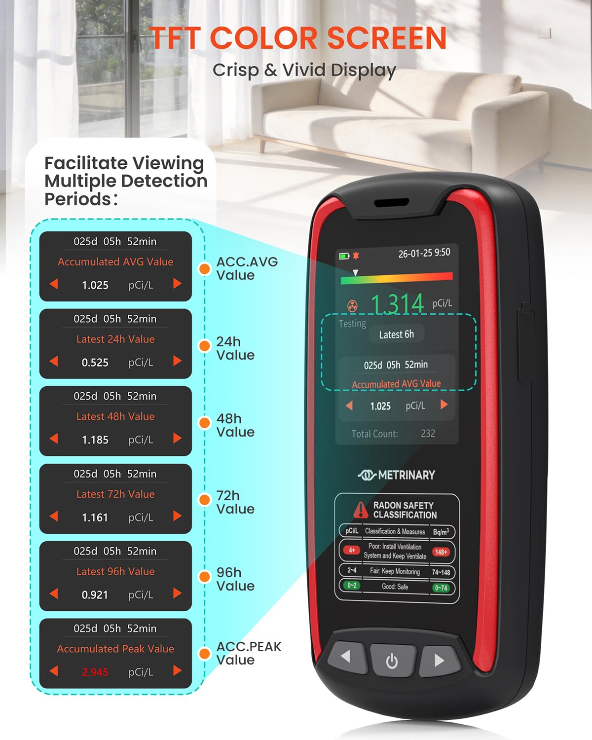 METRINARY Radon Detector adjustable stand allows flexible placement in any room.