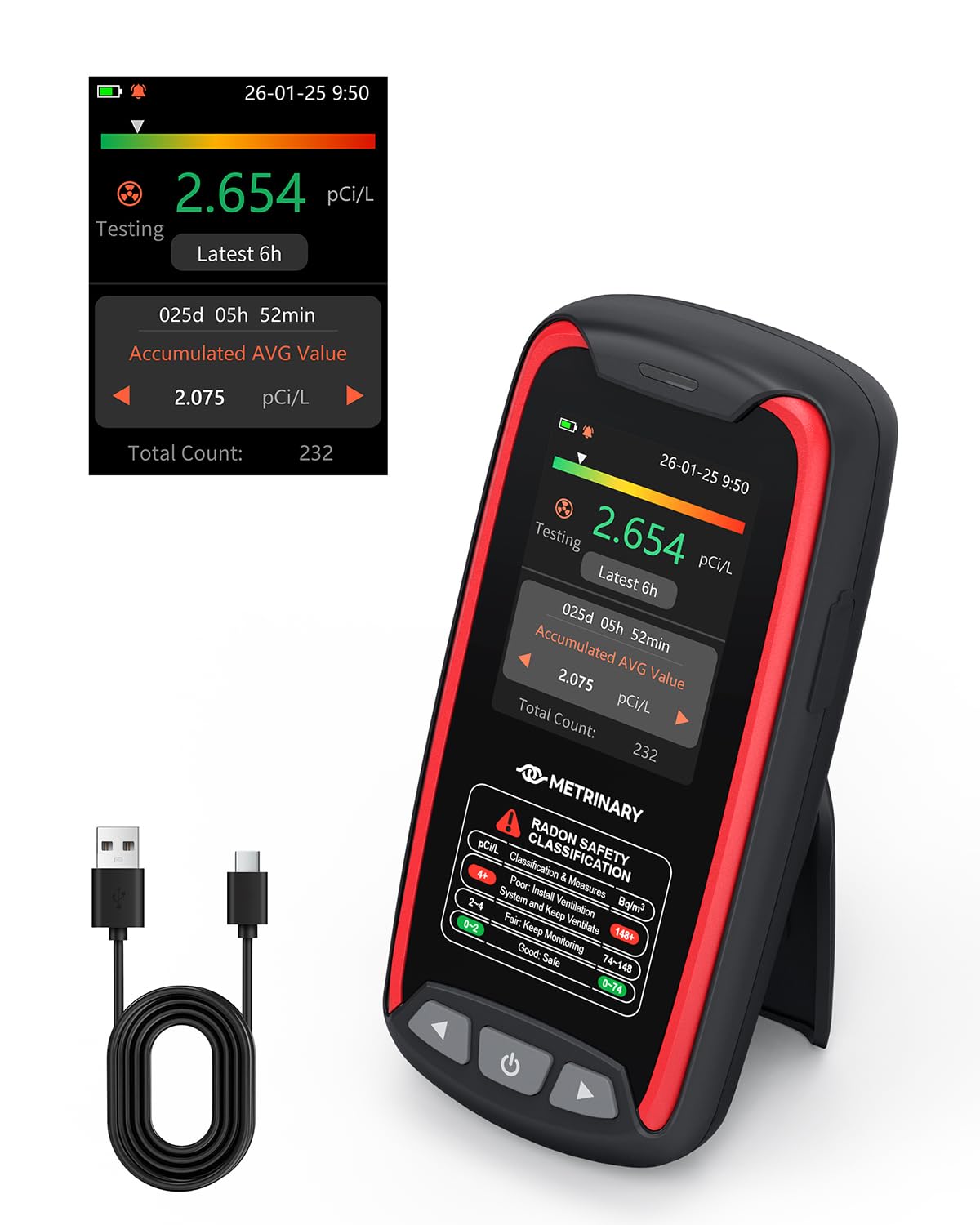 METRINARY Radon Detector display with TFT screen shows real-time readings for quick home screening.