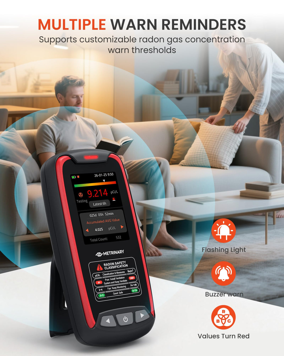 METRINARY Radon Detector visual chart presents short term and long term trends at a glance.