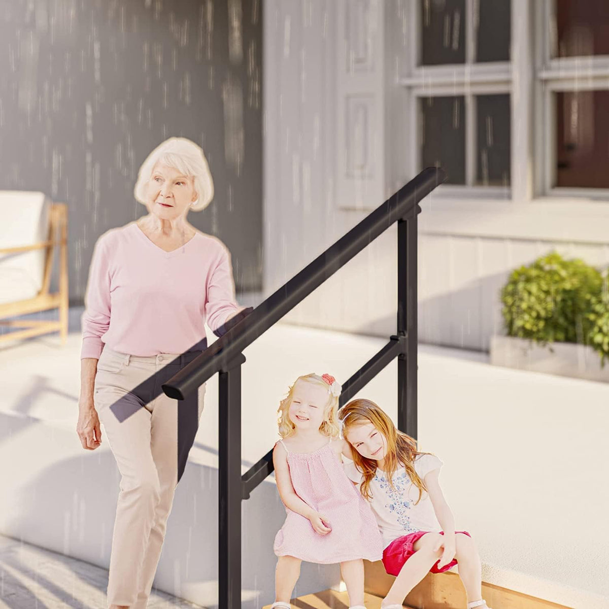 Metty Metal adjustable angle handrail fits different step heights for custom comfort.
