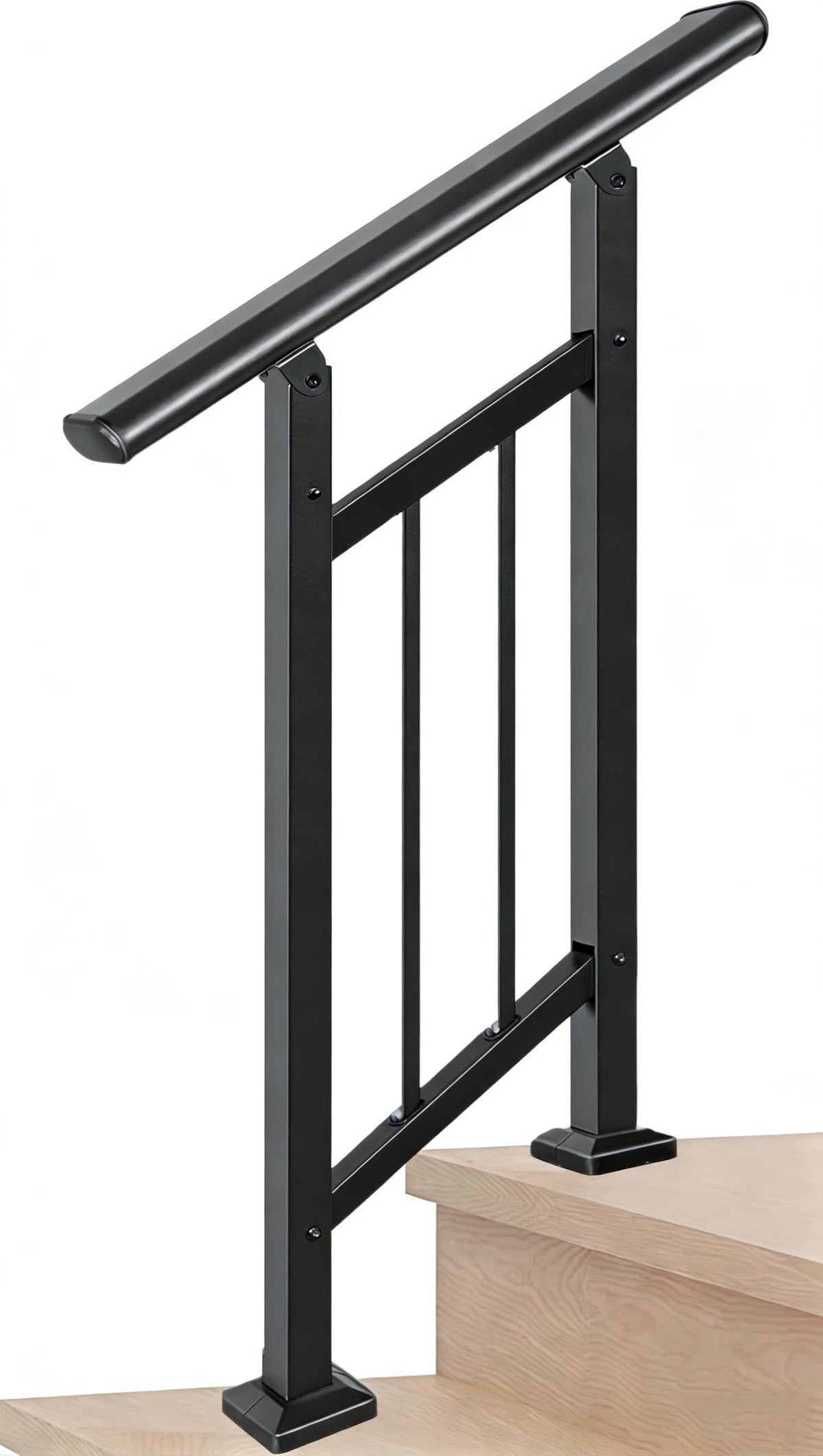 Metty Metal outdoor handrail for 2-step stairs provides sturdy porch support in rain