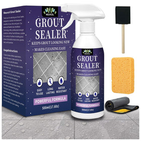 Meuvcol grout sealer bottle applying sealant for durable tile protection.
