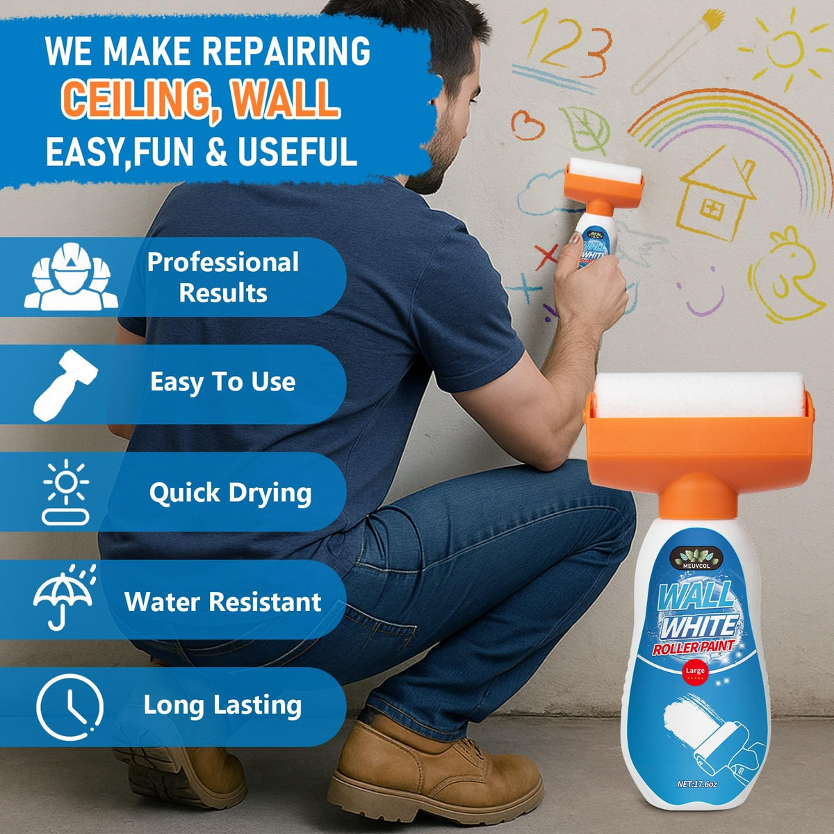 Meuvcol wall damage repair demo shows effective stain and scratch handling.