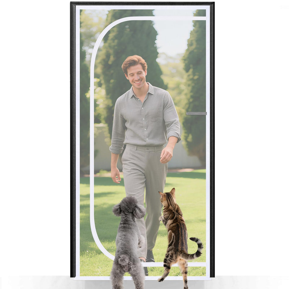MEWTOGO reinforced cat screen door left zipper for easy indoor-outdoor access.