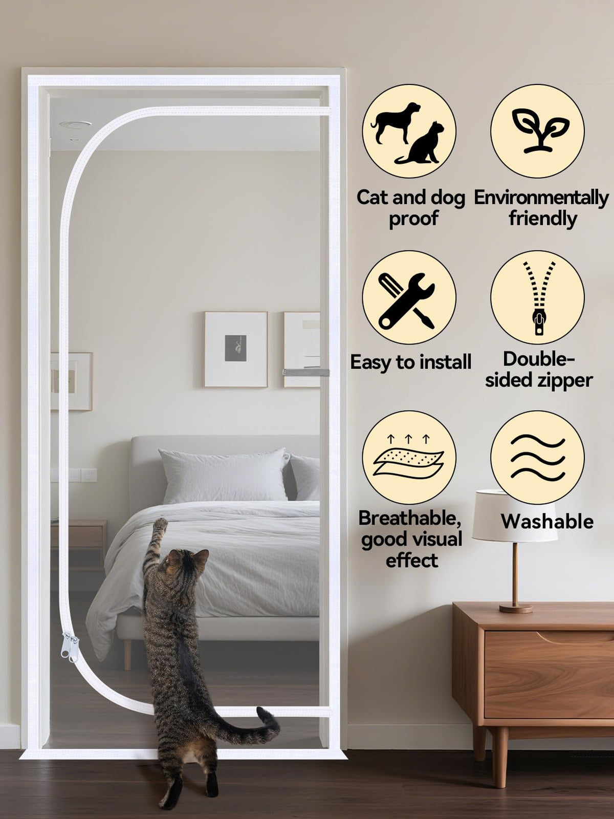 MEWTOGO reinforced cat screen door installed on a standard door frame.