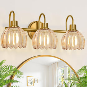 Meybiok 3-light vanity with brushed gold finish and amber tulip shade for refined illumination